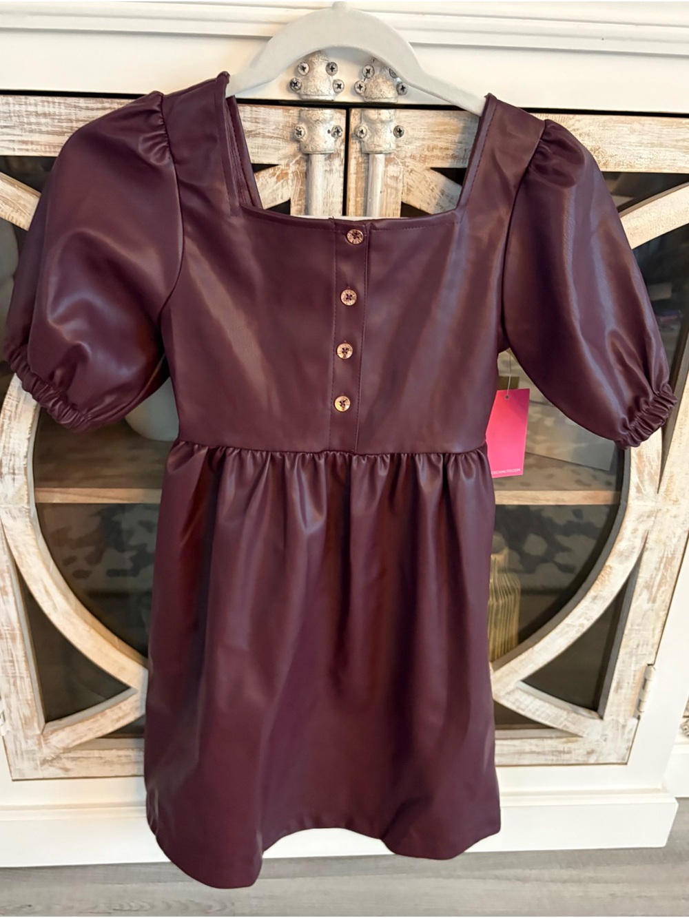Vince Camuto Girls' Burgundy Faux Leather Puff-Sleeve Dress in Plum Size 10